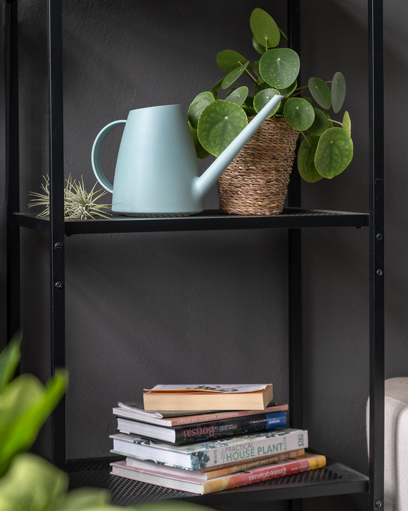 Ein schwarzes Metallregal mit zeitlosem Design hält auf dem oberen Regal eine hellblaue Brüsseler Gießkanne und eine Topfzimmerpflanze, während auf dem unteren Regal ein Stapel Bücher und Zeitschriften steht. Der Hintergrund ist eine dunkelgraue Wand, und im Vordergrund sind einige grüne Blätter zu sehen.