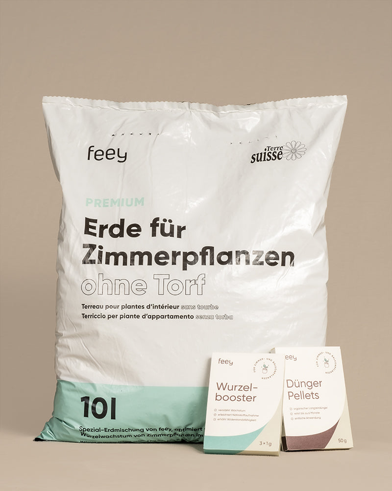 Grosses Pflanzen-Umtopfset von feey – einen Beutel Erde für Zimmerpflanzen, eine Packung Wurzelbooster, eine Packung Dünger Pellets