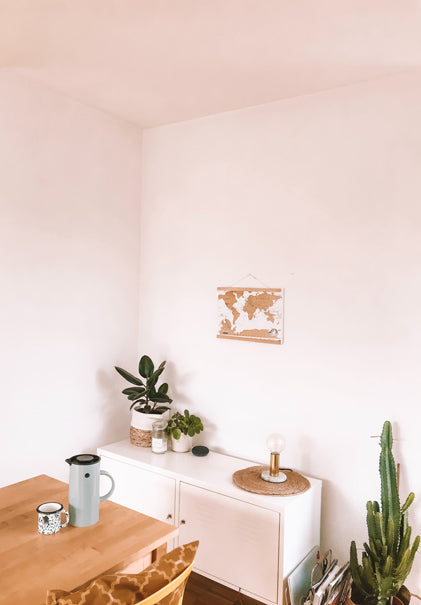 Ein Holztisch, dahinter ein weisses Sideboard mit mehreren grünen Pflanzen in weissen bis weiss-braunen Töpfen, rechts davon eine grosse Euphorbia