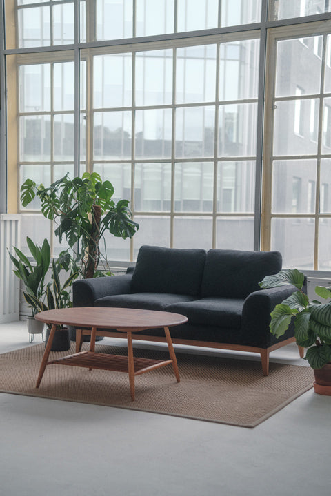 Monstera und Sansevierias auf der einen, Calathea auf der anderen Seite eines dunklen Sofas in einem grauen Raum mit deckenhoher Fensterfront