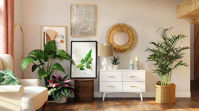 Drei buschige Pflanzen umrahmen ein kleines, weisses Sideboard und Artprints an den Wänden, davor ein weisses Sofa mit Monstera-Kissen