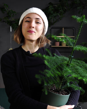 Vani mit weisser Mütze und Tannenbaum in den Händen.